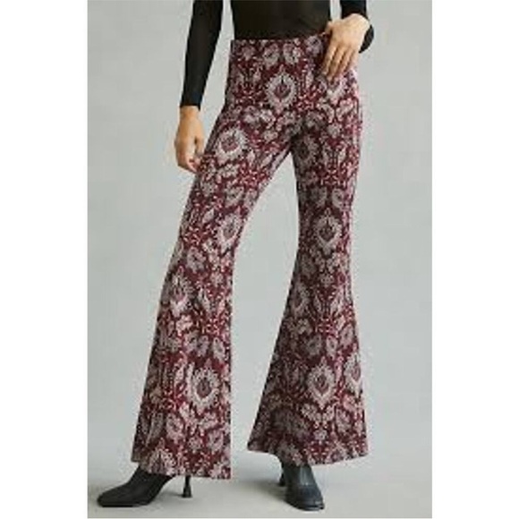 Anthropologie Burgundy and Cream Patterned Flare Pants - Picture 1 of 5